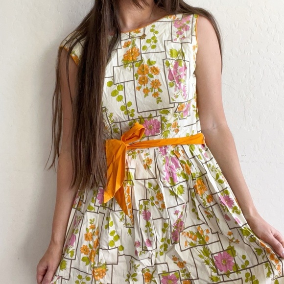 VTG 60’s Mode O’Day Orange Belted Waist Floral Dress USA Cottagecore Boho - Picture 1 of 12